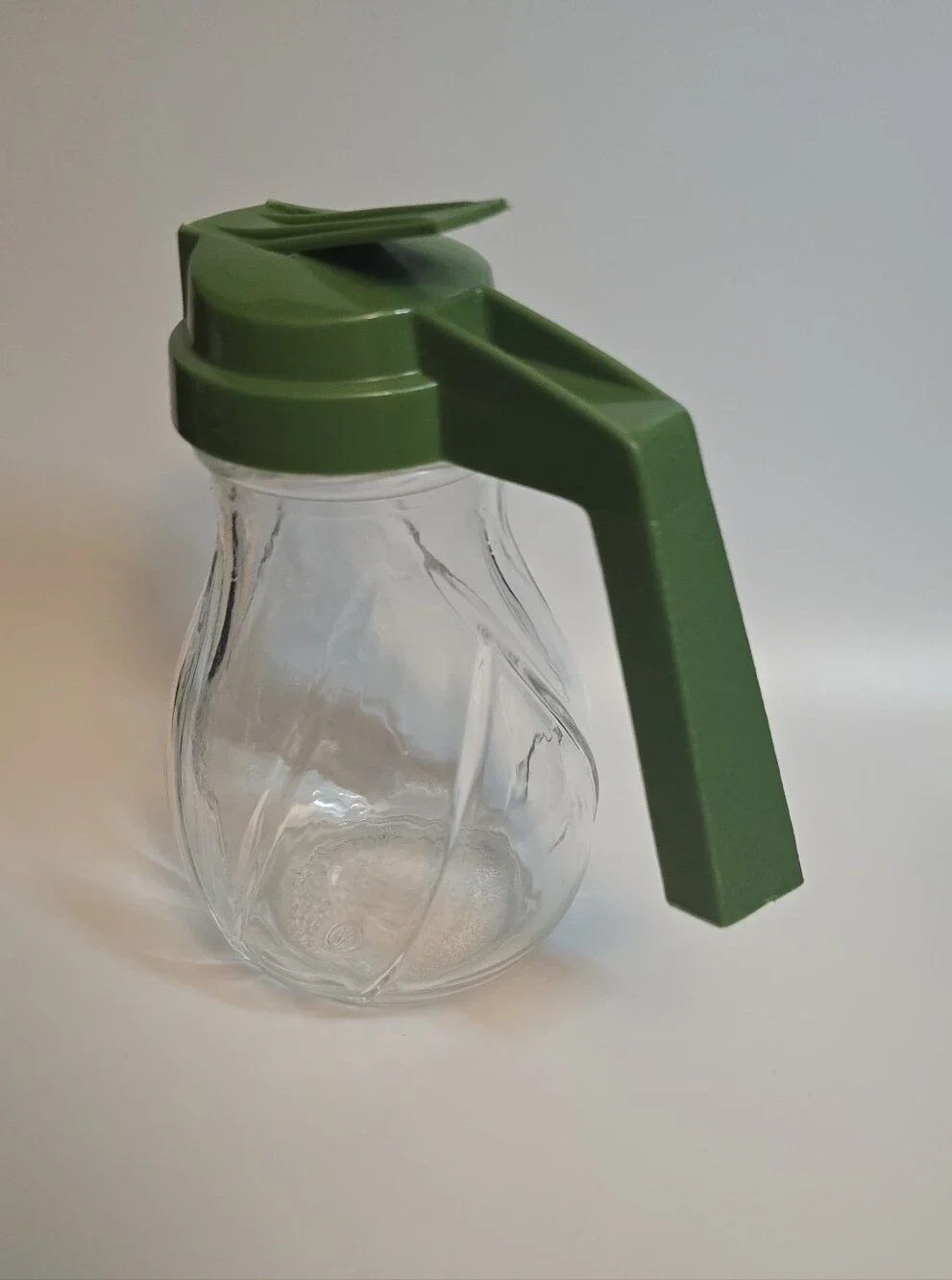 Vintage Glass Syrup Pitcher with Green Plastic Lid and Handle
